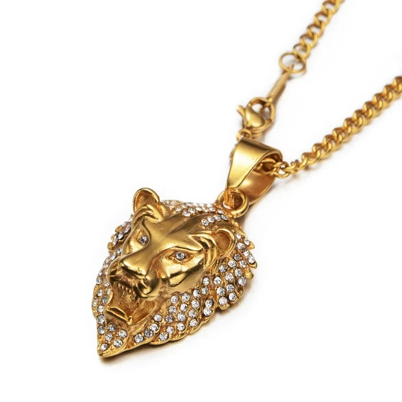 

Hip hop fashion personality full of diamond lion head pendant titanium steel necklace for men and women accessories