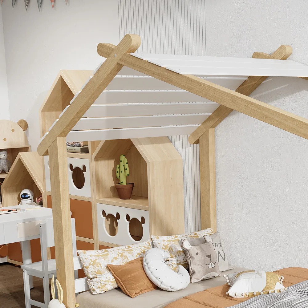 PINGGO Weißes Holz-Einzelbett 90x190cm Natürliche Holzoptik Hausdesign Lattenrost Kiefer-Spanplatte MDF Ohne Matratze – Detail 19