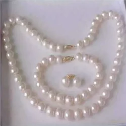 Gorgeous AAAA 8-9mm AKOYA White Pearl Necklace Bracelet Earring Set 14K Gold