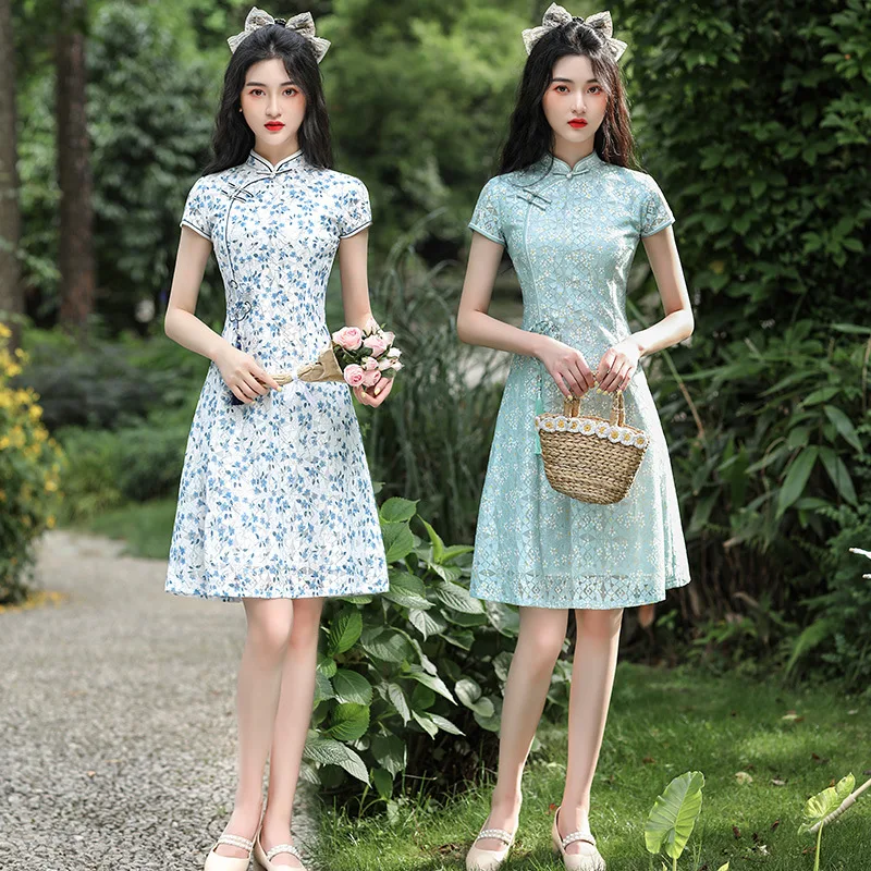 

Summer Women Lace Short Sleeve Qipao Broken Flower Lady Vintage Button Party Dress Female Catwalk Classic Cheongsam