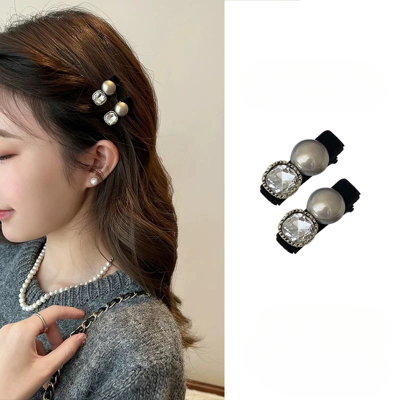 Pearl Rhinestone Hairpin Black Bangs Side Clips French Retro Hair Clip for Women Korean Girls Barrettes Trendy Hair Accessories