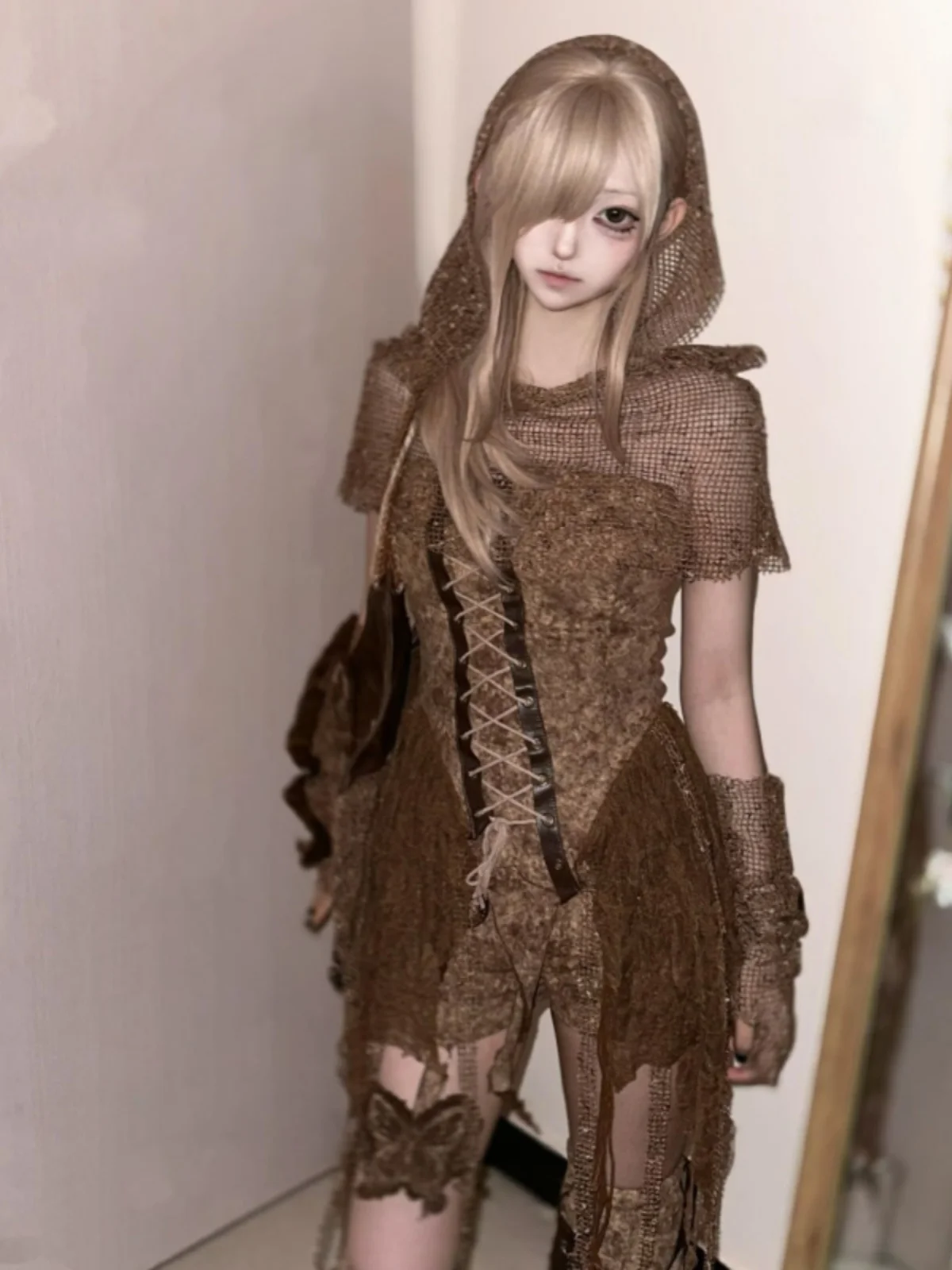 

High Waist Straight Leg Dyeing And Bleaching Short Pants Headscarf Shoulder Shawl Set Y2K Apocalyptic Sand Dunes Vintage Style