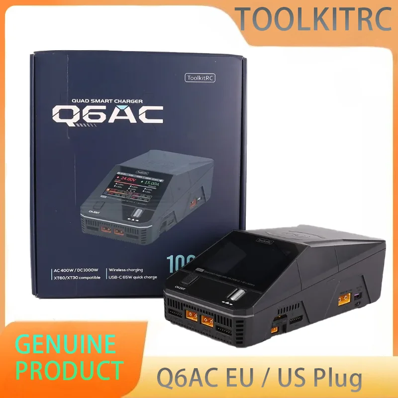 

ToolkitRC Q6AC Зарядное устройство переменного тока 400 Вт/постоянного тока 1000 Вт 4-канальный выход Встроенный 65 Вт USB A/TYPEC Выход LiPo 1-6SNiMH 1-16S PB 1-10S Зарядное устройство