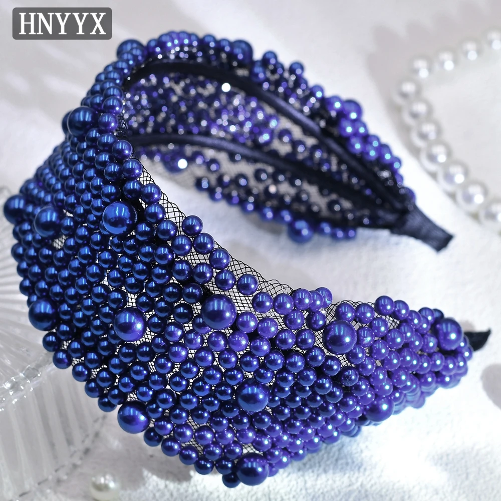 

HNYYX Pearl Fashion Headband For Women Hairband Beaded Baroque Head Piece Party Fashion Hair Hoop Hair Accessory A153-Blue