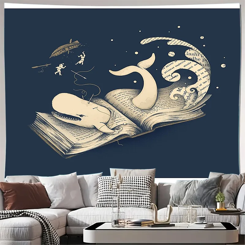 Гобелен с океанским китом, винтажный книжный декор, настенный декор, художественная спальня, гостиная, эстетический домашний текстиль