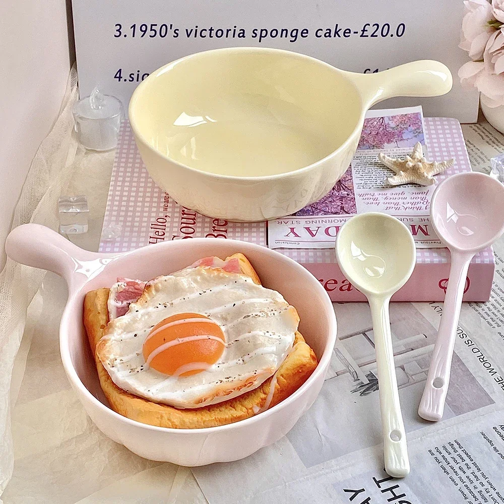 Cream Color Ceramic Handle Baking Bowl Home Kitchen Use Multi-Purpose Oatmeal Bowls Ins Style Soup Yogurt Salad Bowl