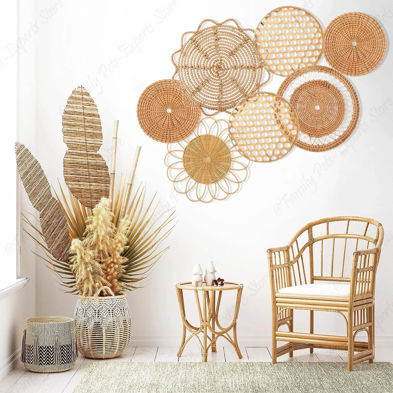 7Pcs Boho Rattan Wall Decor Hanging Woven Baskets Decor Bohemian Home Decor Handmade Wicker Wall  for Bedroom Farmhouse