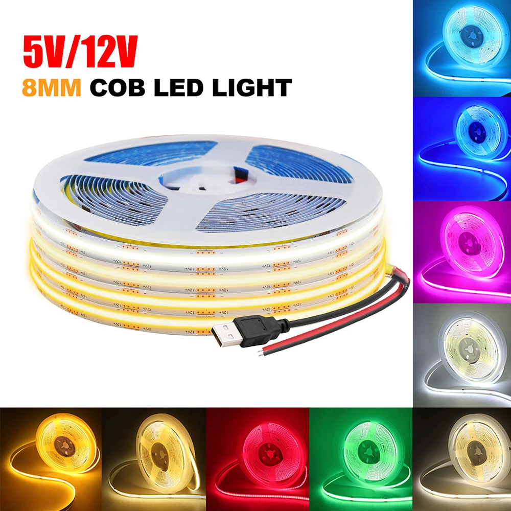 12V 5V USB COB LED Strip Light With 2Pin Wire 320 384 480 528 LEDs Flexible Tape Linear Lighting Warm White Pink Blue Red Yellow