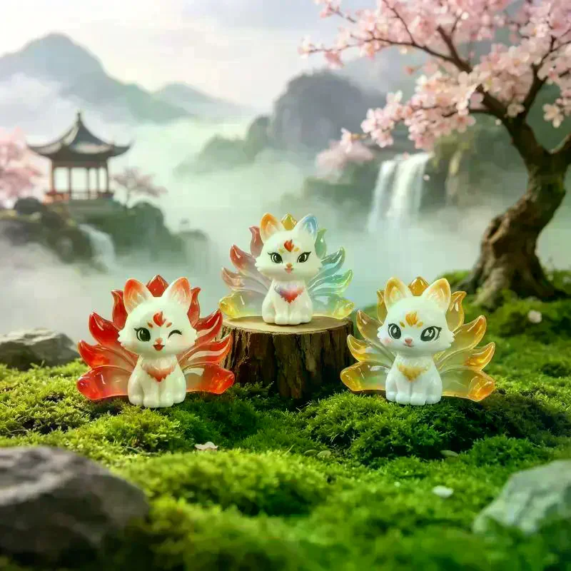 Cute Nine-tailed Fox Resin Charms Cartoon Animal Figurines DIY Keychain Pendants Mini Desktop Car Ornaments Craft Supplies