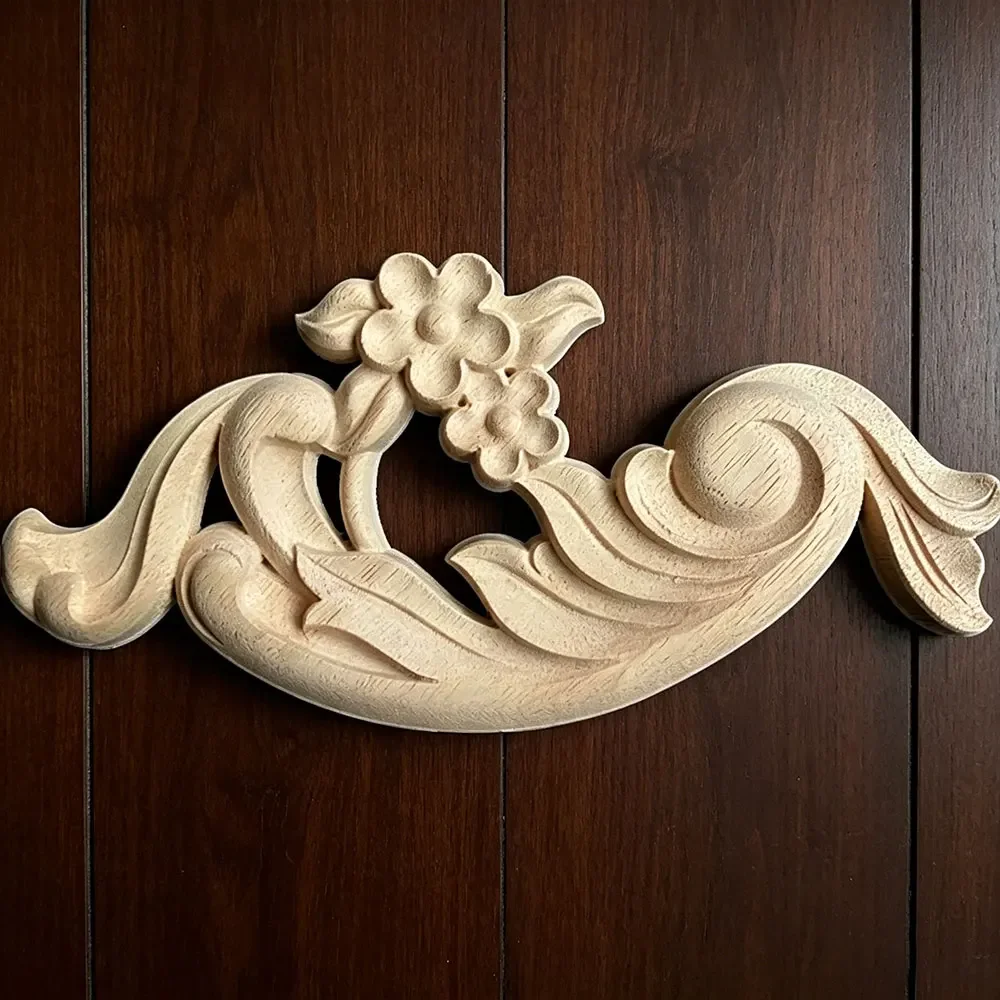 22CM Woodcarving Corner Decal Appliques Unpainted Wood Carved Flower Onlay Applique Home Furniture Door Decor Crafts