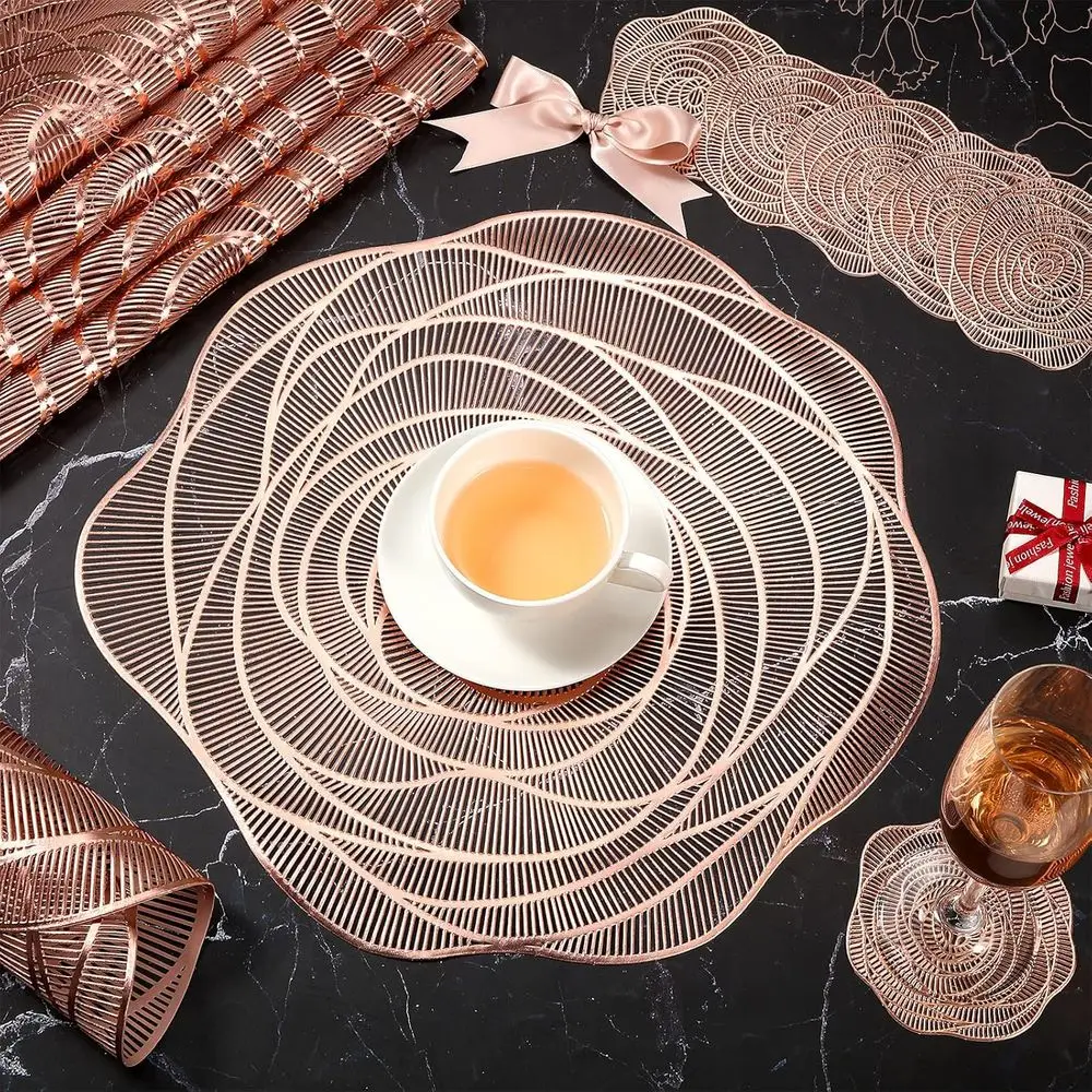 15 مفارش دائرية من الفينيل بحافة معدنية باللون الذهبي الوردي، مجموعة من 48، تصميم مجوف، مقاومة للانزلاق لحفلات الزفاف وتناول الطعام في المنزل #5