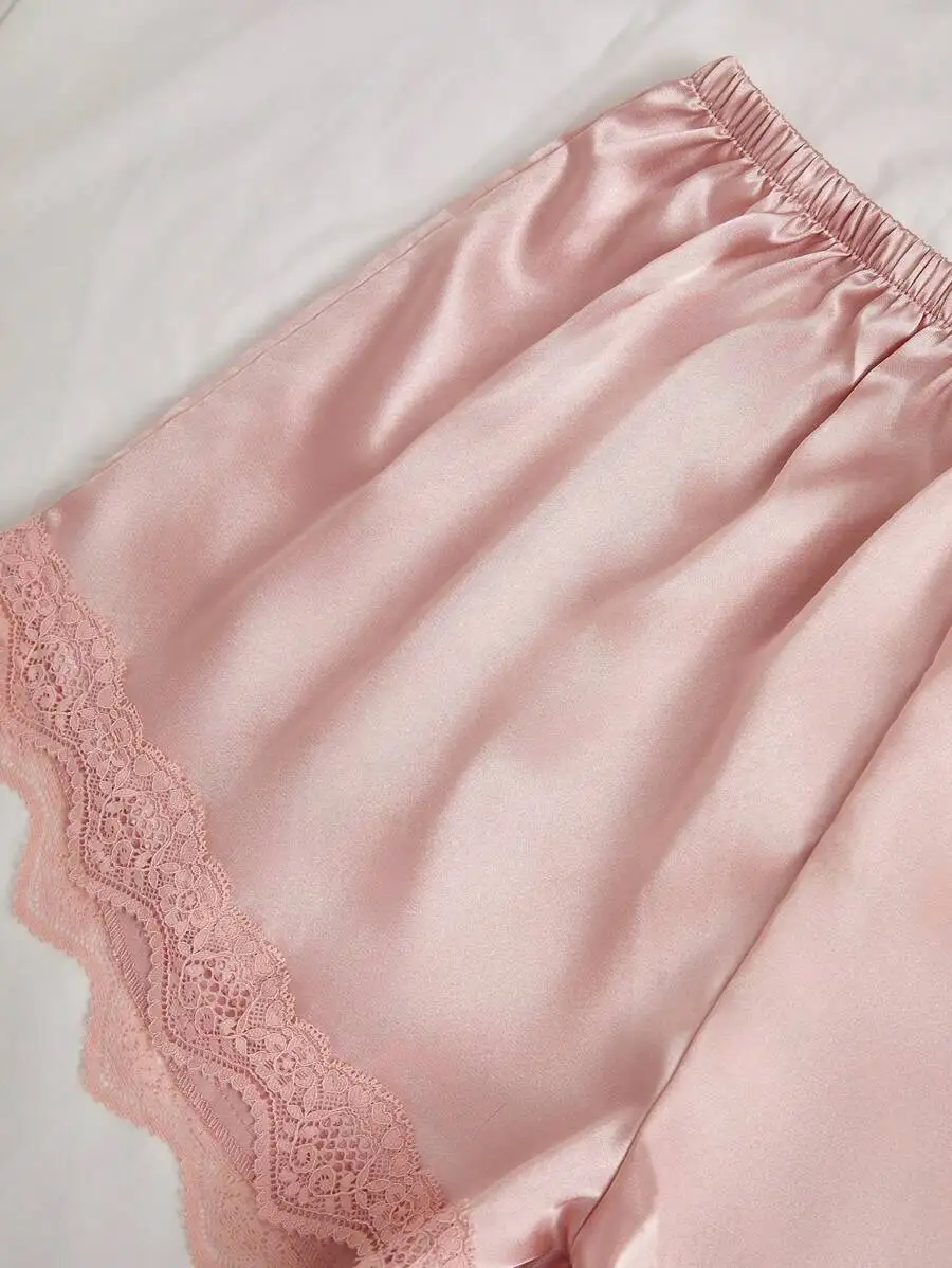 

4pcs Lace Trim Silk Satin Pajama Set Cami Top Shorts Pants Robe Cozy Elegant Sleepwear