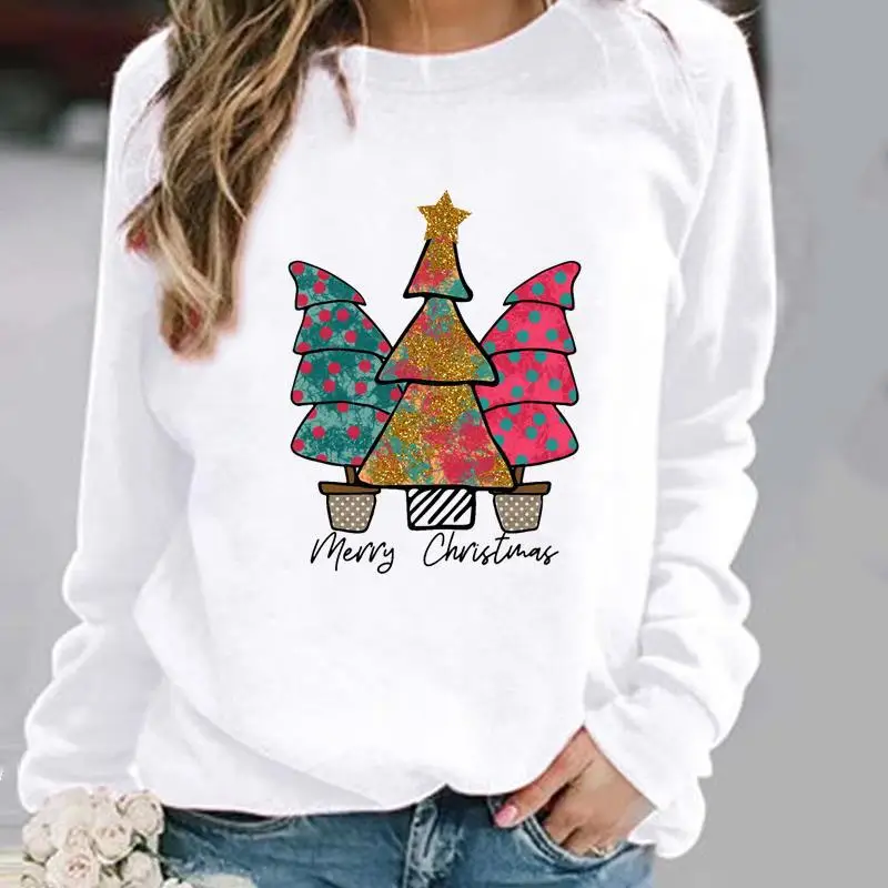 

Merry Christmas Star Tree Lovely Watercolor Holiday Pullover Women's Print Fashion Casual Crew-neck Hoodie Sweatshirt Aesthetic