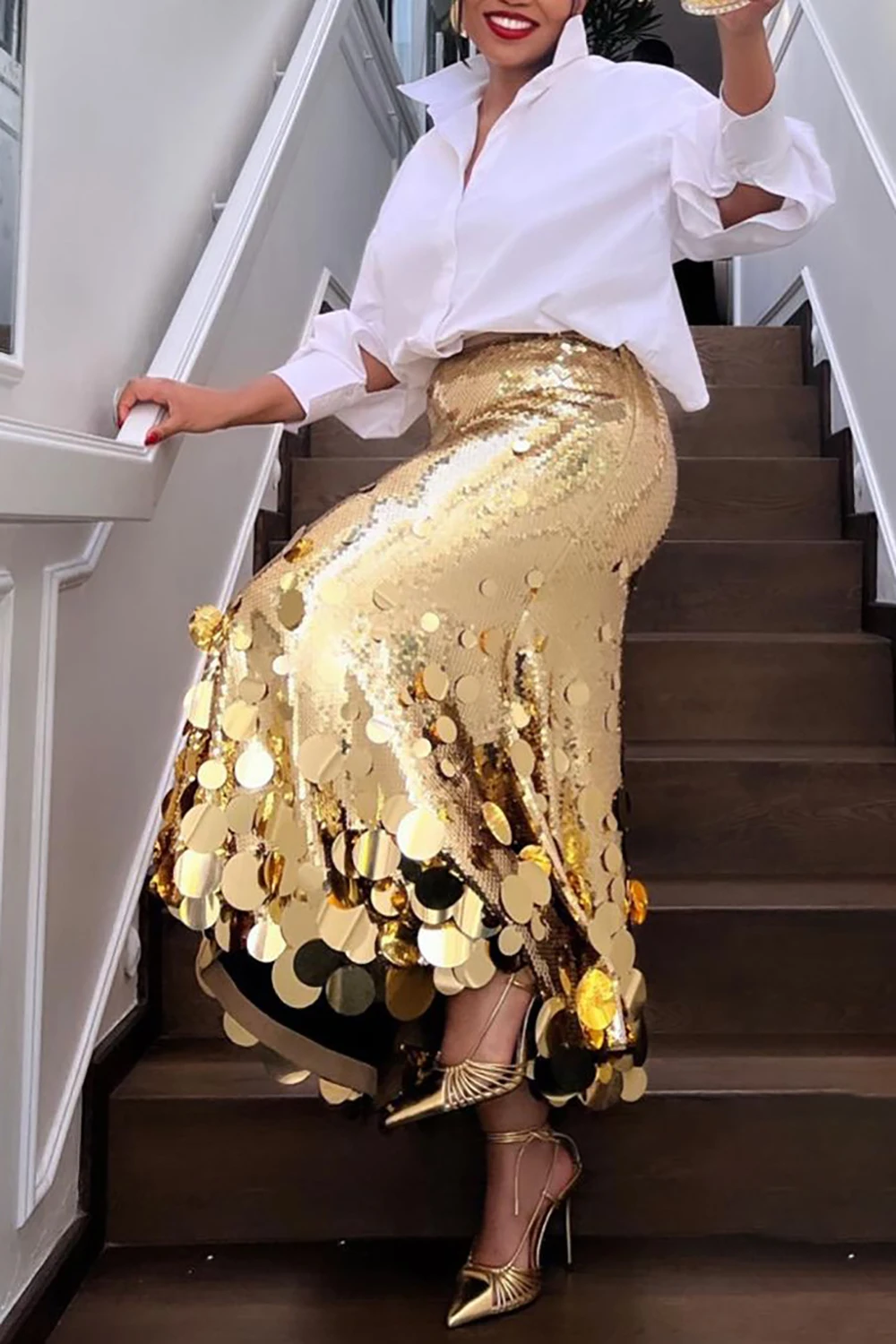 Plus Size Women Formal Skirts Elegant Gold Silver Long Sequin Party Club Evening High Waist Skirts Female Casual Cocktail Skirts