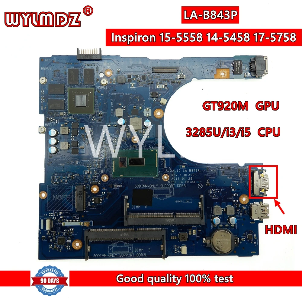 Used LA-B843P 3285U/i3/i5CPU GT920M Laptop Motherboard For Dell Inspiron 15-5558 14-5458 17-5758 Mainboard  tested OK