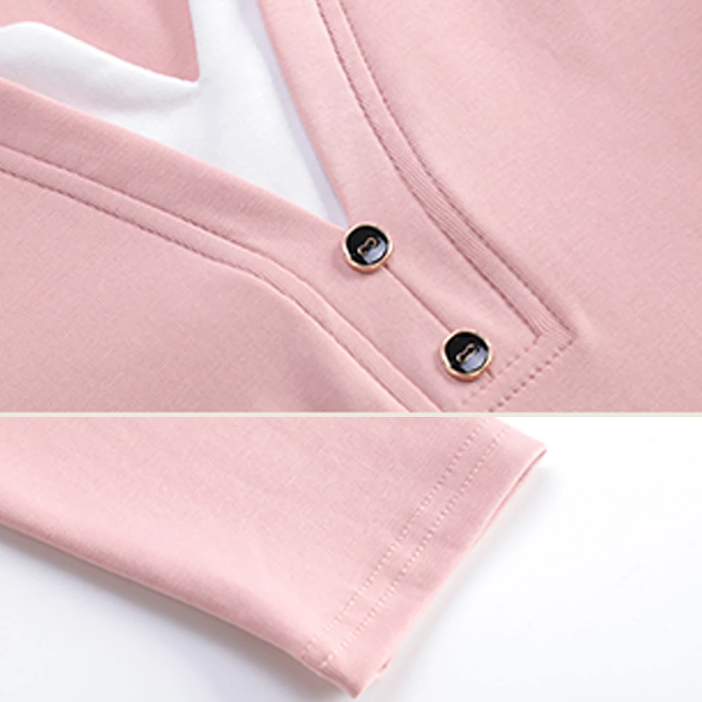 Korean style pink long sleeved t-shirt for women's autumn new cotton fashion plus size button slim fit fake two-piece V-neck top - view 5