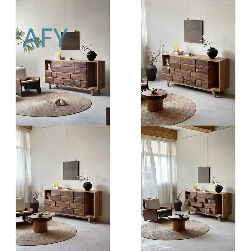 Wabi Sabi Style Wooden Sideboard Cabinet for Living Room TV Stand Storage Console Table for Rustic Home Decor Mid Century