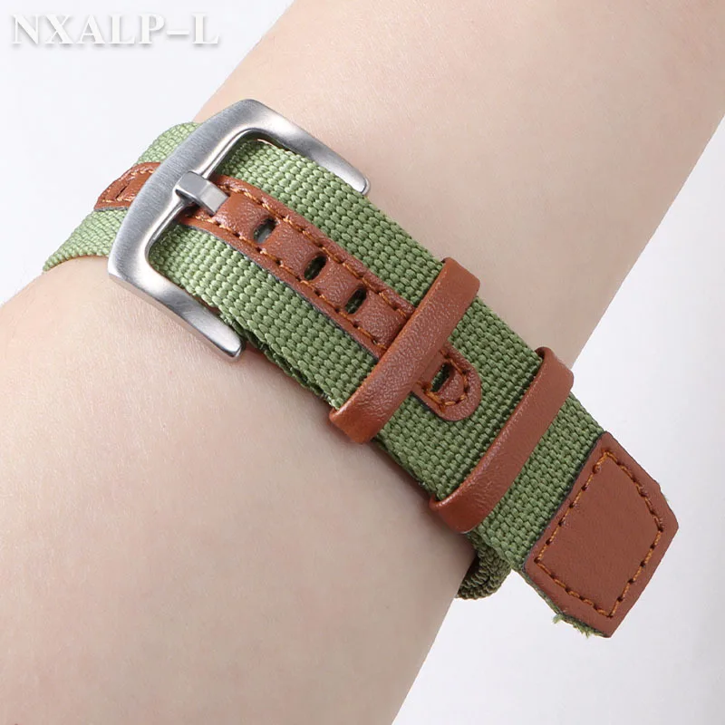 20mm 22mm Nylon Patch Leather Strap Green Brown Canvas Bracelet Men\'s Military Sport Watchband for Rolex for Seiko Wristband