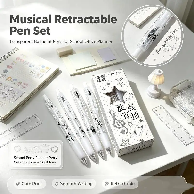 4pcs Polka Dot Beat Press Neutral Pen Music Note Bow Box Brush Question Pen Student 0.5 Black Smooth Signature Pen Gel Pen Set