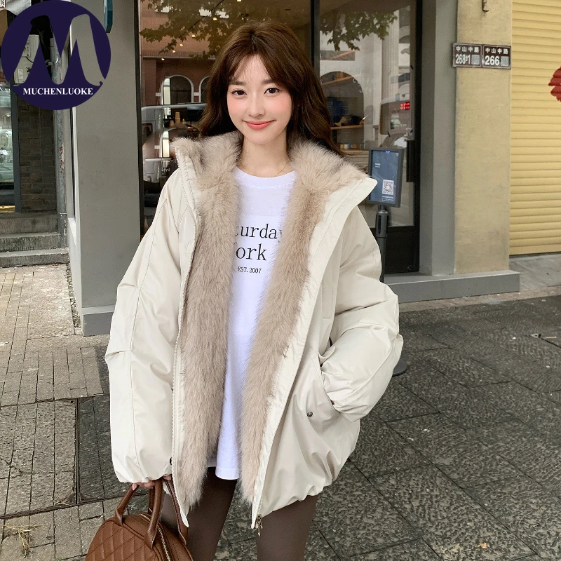 Jackets for Woman Winter Elegant Long Sleeve Plush Stand Collar Down Cotton Coat Korean Fashion Casual Loose Thick Warm Parkas