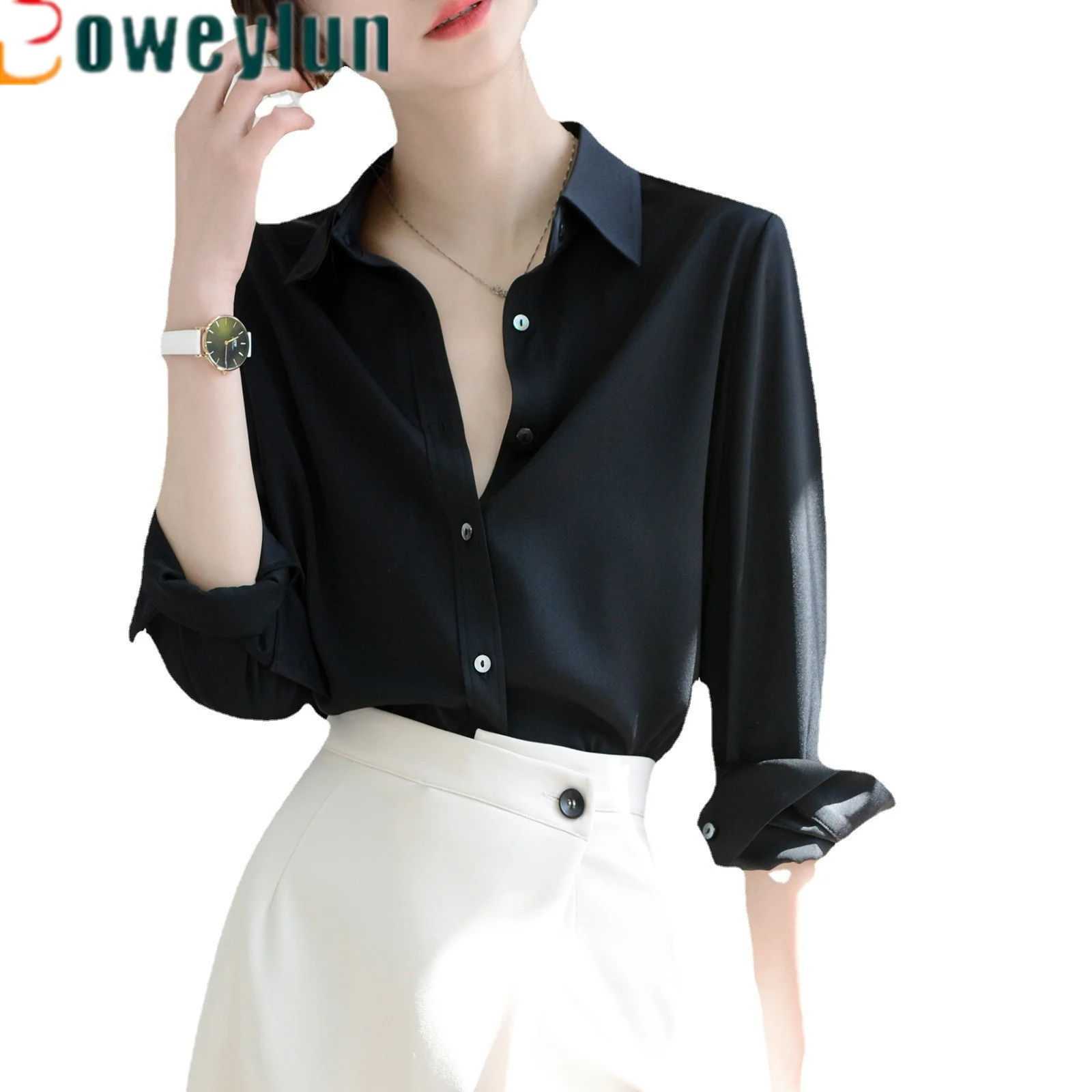 

Boweylun Simple Style Black Satin Long Sleeve Shirt Women Autumn High Solid Color Loose Commuter Blouse Tops