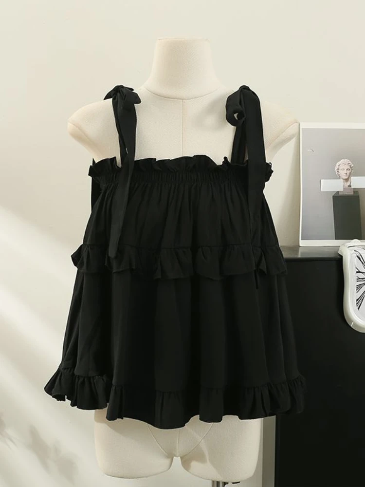 QWEEK Y2k Coquette Bow Kawaii Cute Tops Tank Ruffles Sweet Girls Japanese School Student Lolita Chic Korean Style Tanks 2024