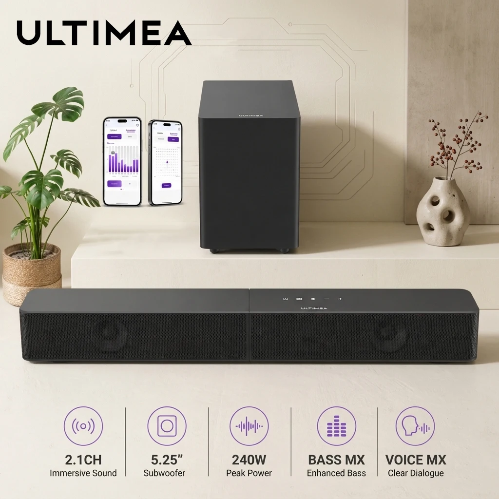 

ULTIMEA Poseidon R3T 2.1ch Soundbar with 5.25" Wireless Subwoofer, 240W Home Theater System, BassMX & VoiceMX, App Control