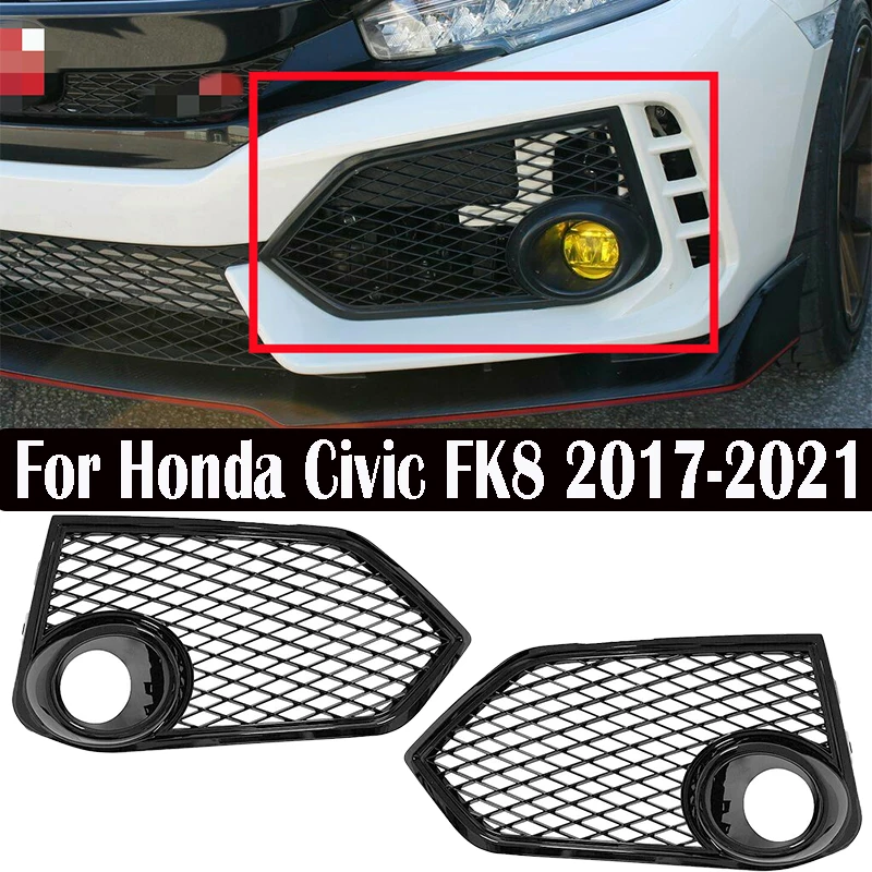 

2pcs For Honda Civic Type R FK8 2017 2018 2019 2020 2021 Front Bumper Fog Light Cover Mesh Gloss Black Lamp Cover