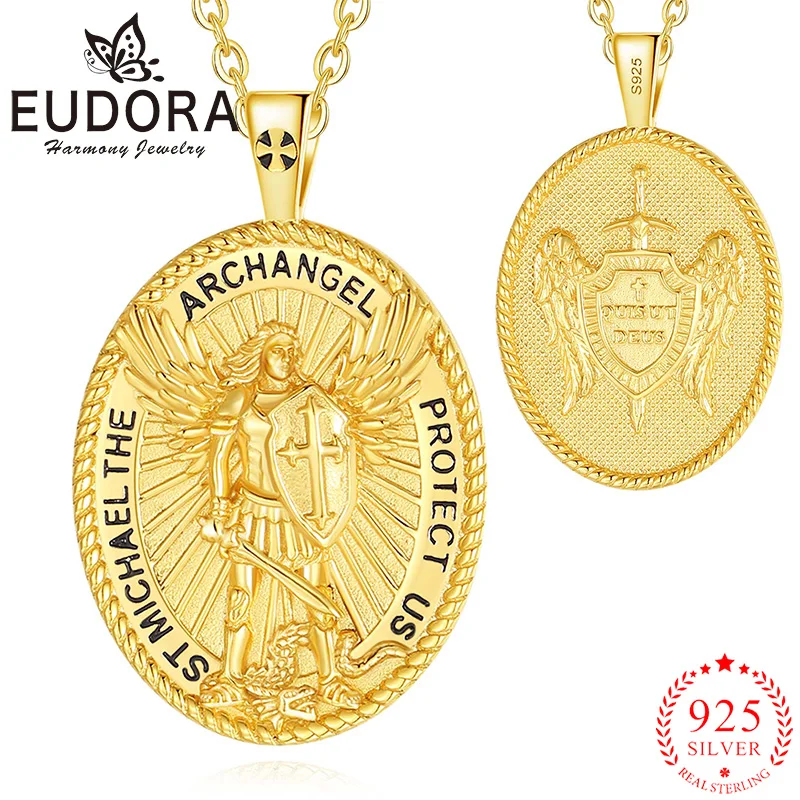 Eudora 925 Sterling Silver St.Michael Archangel Necklace 18K Gold Cross Warrior Amulet Pendant Christianity Jewelry Men Gift