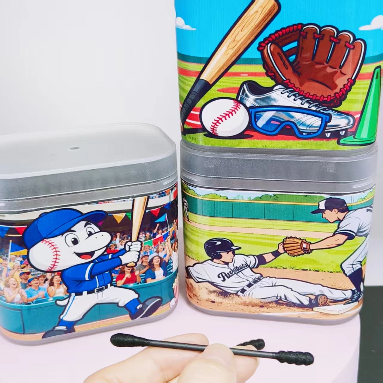 600 PZ (3 SCATOLE) tema baseball batuffolo di cotone nero scatola per scrub batuffolo di cotone a doppia testa