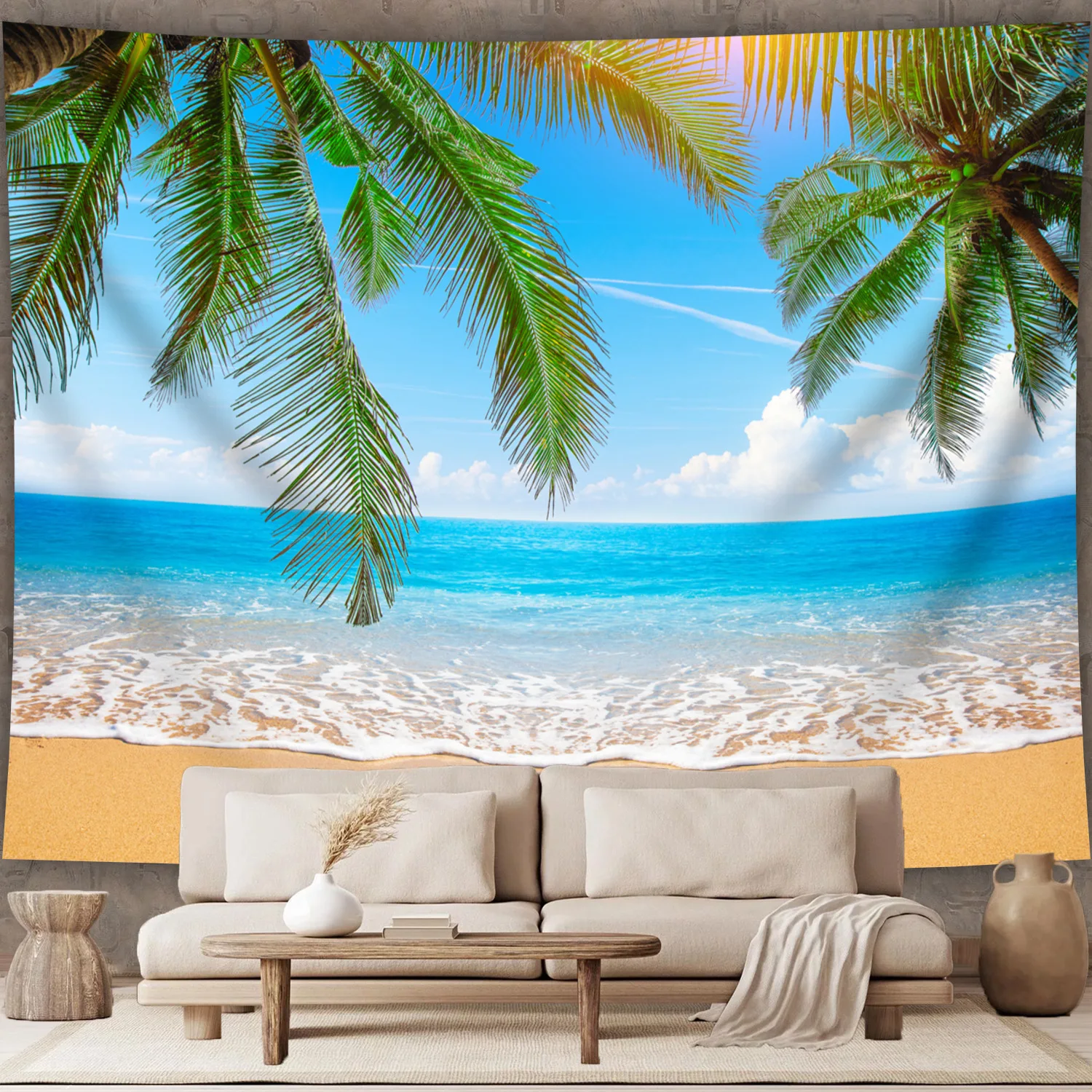 1pc Ultra Large Tropical Beach Tapestry - Vibrant Coconut Trees & Ocean Waves Landscape Digital Print on Premium Polyester
