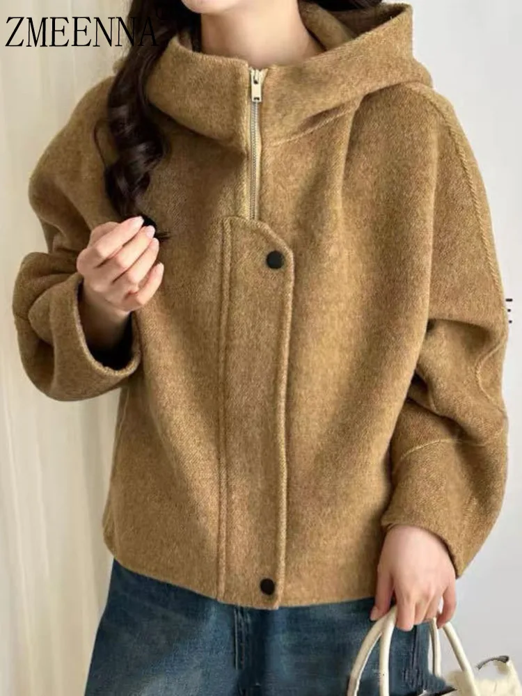 

ZMEENNA Womens Short Wool Blend Jacket Hooded Zip Up Button Front Loose Fit Warm Winter Outerwear Casual Camel ZM4425