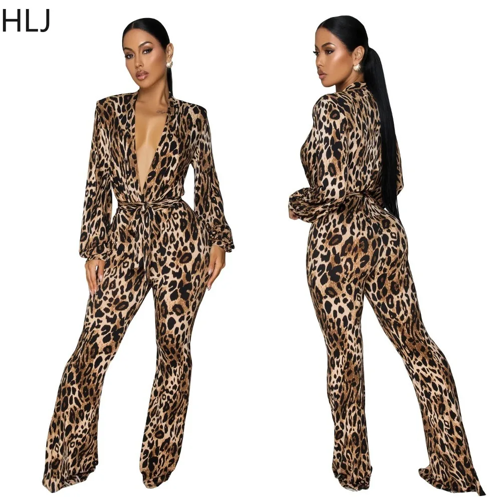 HLJ موضة ليوبارد طباعة Bodycon حللا امرأة العميق الخامس الرقبة طويلة الأكمام ضمادة المرقعة السروال القصير الإناث الشارع الشهير وزرة