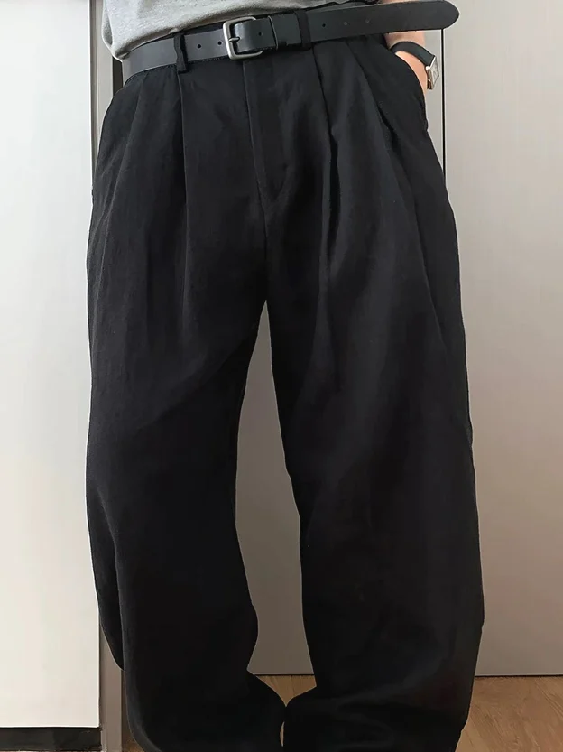 

American Style Cotton Linen Workwear Pants Men's Double Pleat Design Loose Straight Leg Dad Suit Pants Breathable Casual Trou...