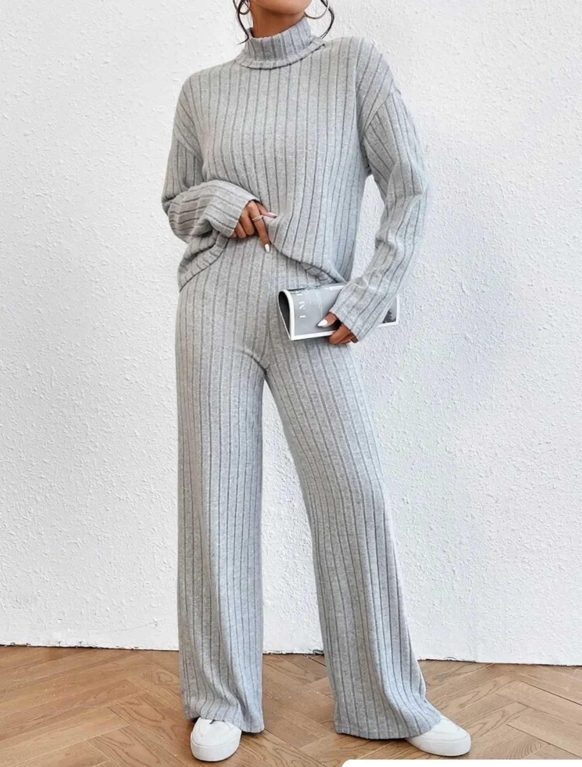 

Women Tracksuit Two Pieces Set Long Sleeve Turtleneck Pullover Pant Sets Sweaters Wide Leg Pants Elastic Waist Casual outfits