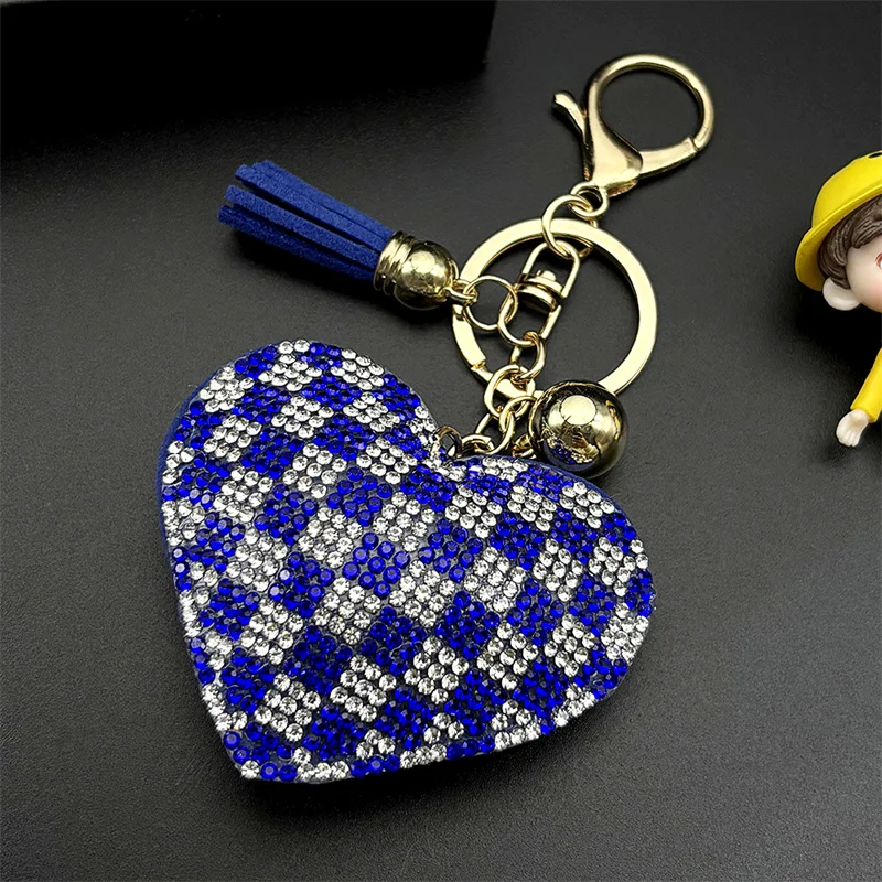 Fashion Blue White Grid Keyholder For Women Men Full Crystal Rhinestone Tassel Party Bag Blingbling Pendant Keyholder Jewelry