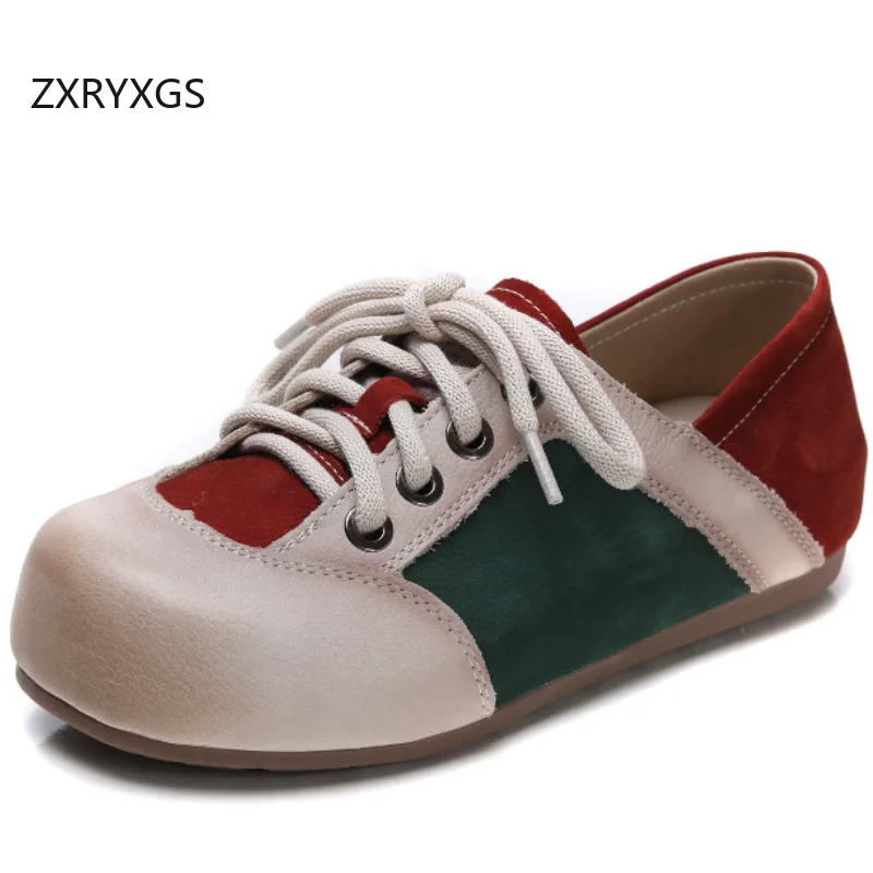 ZXRYXGS 2026 Top Layer Cowhide Splicing Spell Color Full Real Leather Sneakers Fashion Casual Sneakers Women Travel Shoes Flats