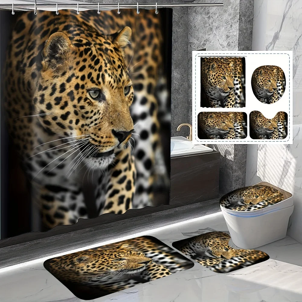 Elegant Leopard Print Bathroom Four-Piece Set - Nature Inspired Waterproof Shower Curtain for a Complete Bathroom Set