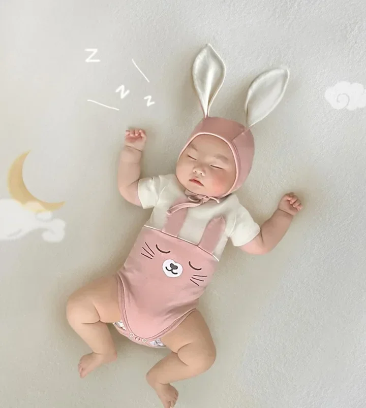 

5631B Newborn Clothes Baby Cute Bodysuit with Hat 2023 Summer New Fashion Boy's One Piece Clothes Rabbit Climbing Clothes