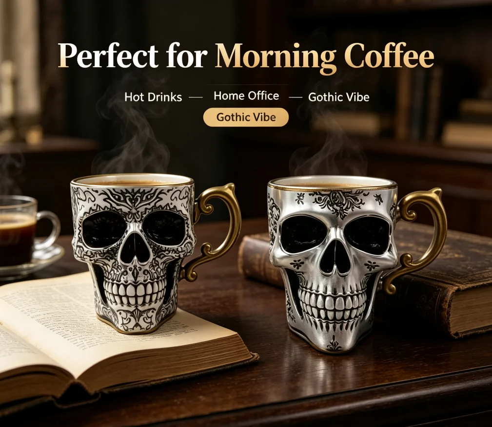 Halloween Gothic Skull Coffee Mug 3D Skeleton Cup Golden Handle Vintage Floral Decor Novelty Gift