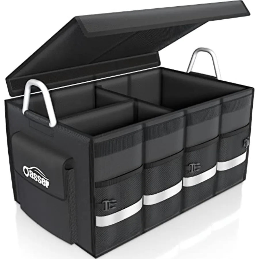 

Trunk Organizer Cargo Organizer Trunk Storage Waterproof Collapsible Durable Multi Compartments with Foldable Hard Cover Alumin