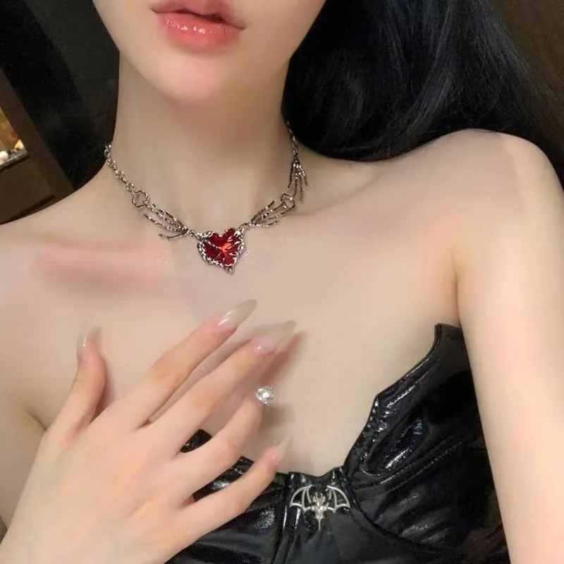 Punk Pendant Necklaces Red Dripping Oil Heart Necklaces Personality Hollow Ghost Claw Chain Gothic Accessories Jewelry for Women