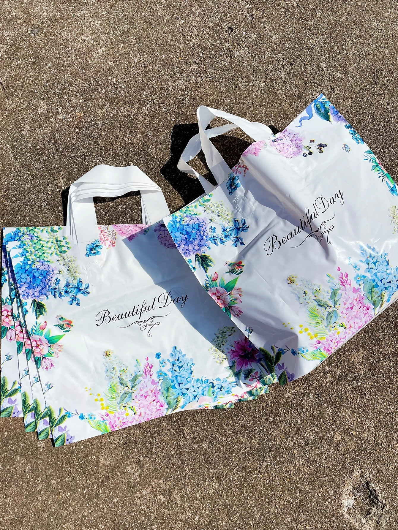 10pcs Blue Flower And Bird Style Tote Bag, Beautiful Day Printed Shopping Plastic Bags, Dress Gift Item Package For Party Event