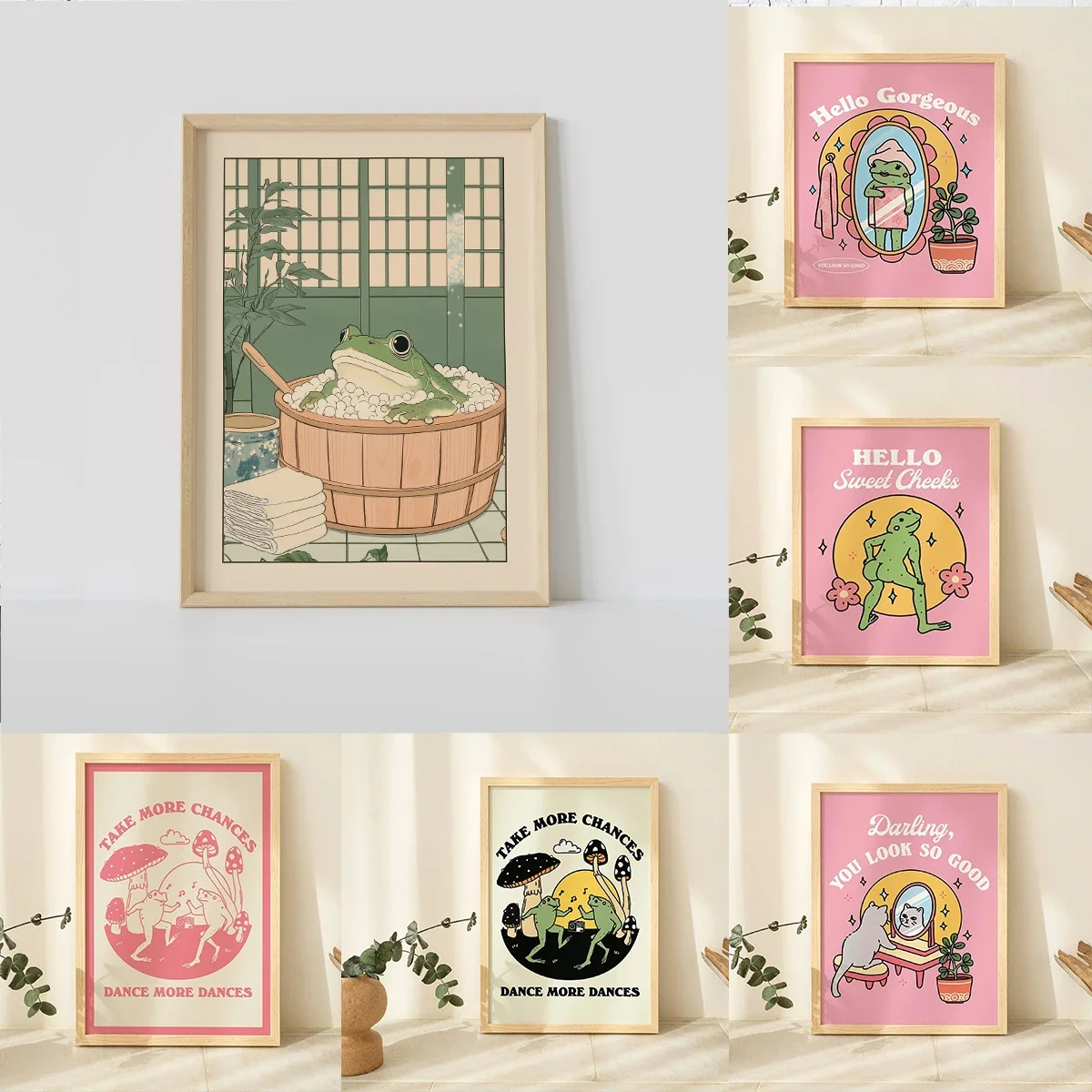 Affiche sur toile de fille grenouille auto-amour, citations positives de champignon de grenouille, imprimés d'art muraux pour salon moderne, salle de bains, décoration de maison moins