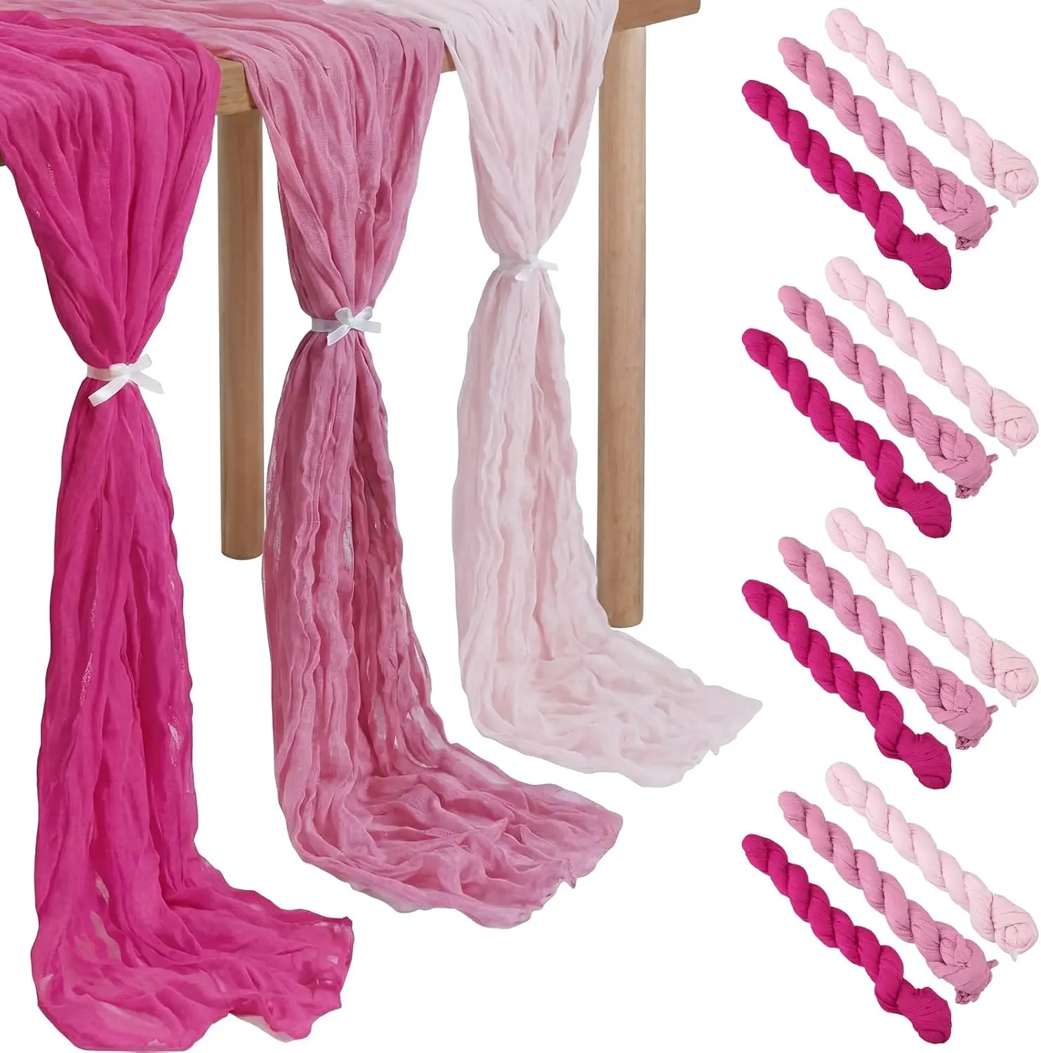 3pcs Gauze Table Runner Gradient Rose Pink Sheer Boho Rustic Table Cloth Decor Wedding Bridal Shower Birthday Party Decoration