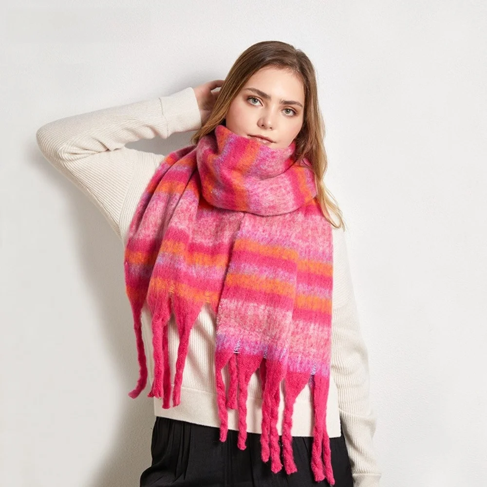 Sweet Rainbow Stripe Wool Scarf Mohair Tassel Winter Cashmere Scarves Warm Solid Color Long Shawl Autumn Winter