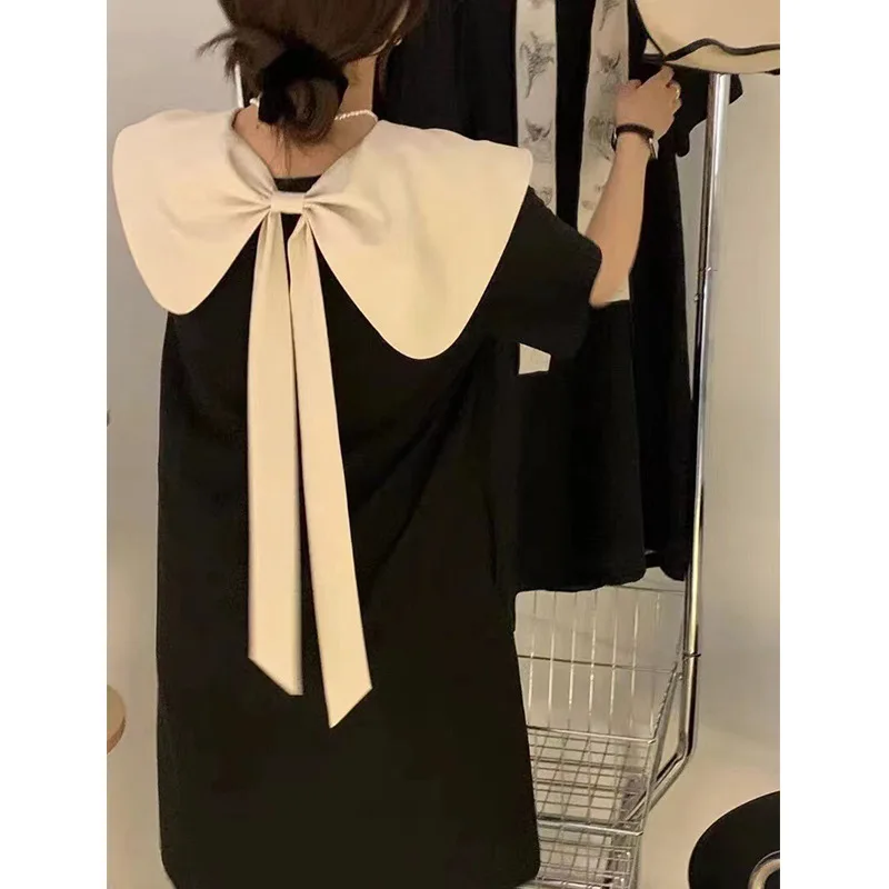 French Doll Collar Dress Sweet Fresh Style Short Sleeve Midi A-Line Skirt Polyester Viscose Blend Princess Style Dress