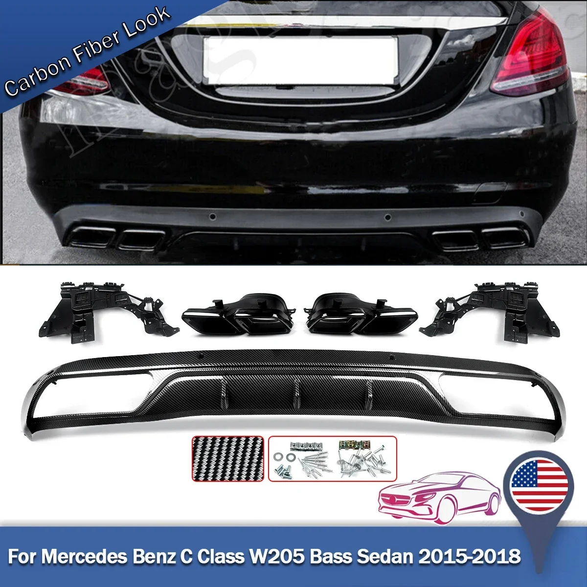 For Mercedes Benz W205 C200 C300 Sedan 15-18 Rear Bumper Diffuser with Exhaust Tips