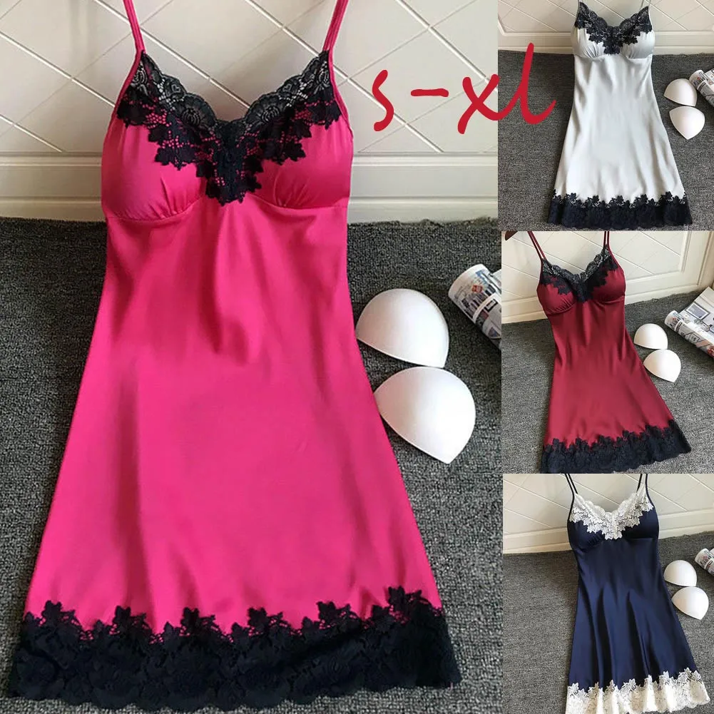 Women\'s Sexy Lingerie Summer Silk Night Gown Lace Patchwork Mini Night Dress Spaghetti Strap NO Chest Pad Sleepwear For Ladies