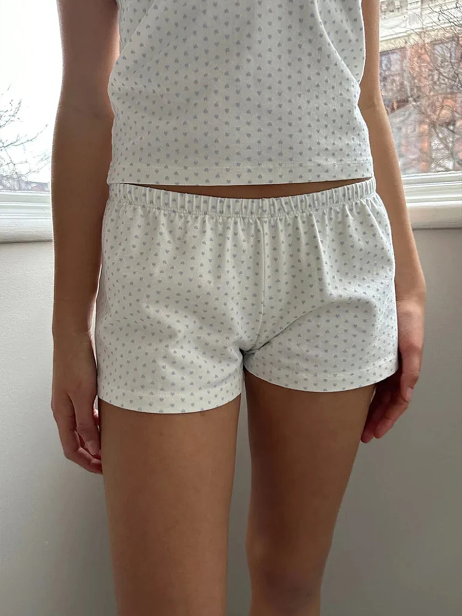 Dames Tweedelige Pyjama Set Hemdopjes Met Hartenprint En Elastische Shorts Voor Zachte Nachtkleding In Loungewear